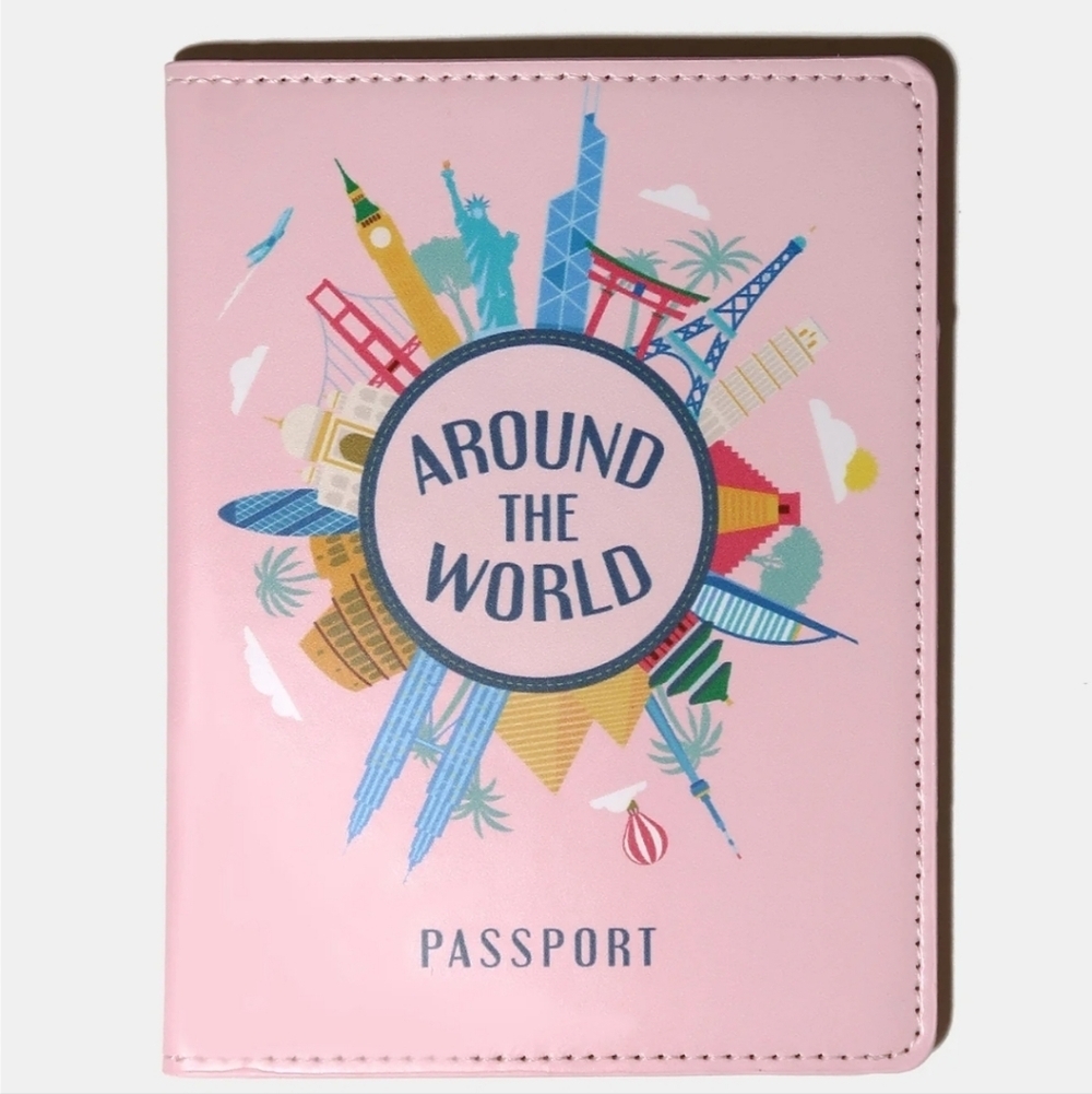 Colorful Travel Passport Cover Holder with Iconic Landmarks Globe Around World